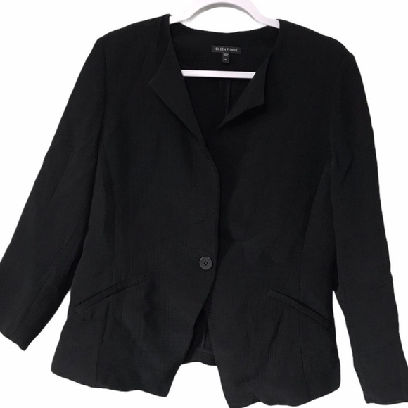 Eileen Fisher Textured Black Longline One Button Silk Blend Jacket Blazer L - Picture 6 of 11